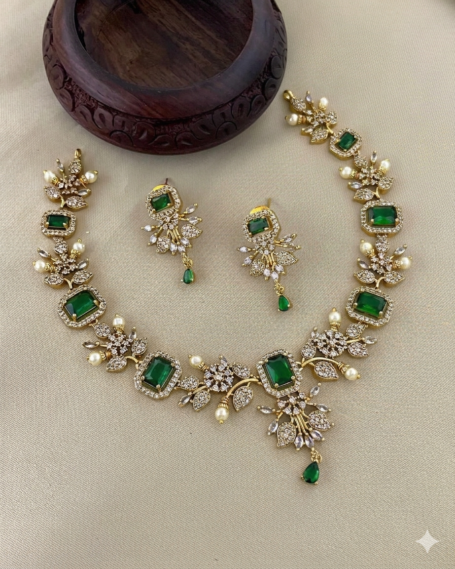 Royal Emerald Green CZ & Pearl Floral Necklace Set with Matching Earrings