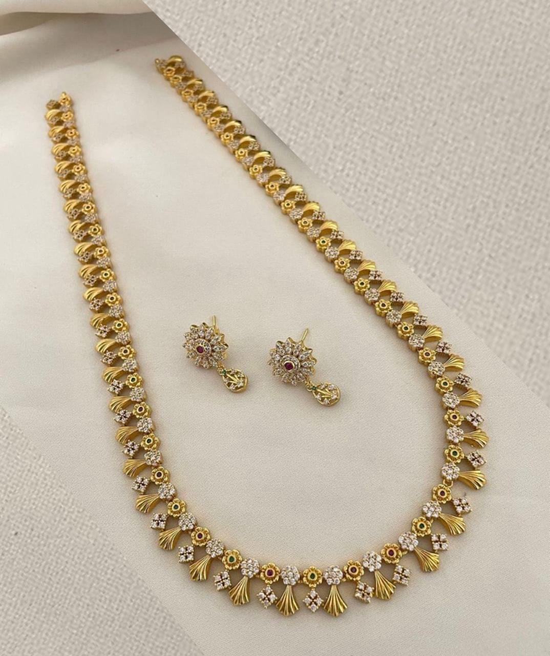 Elegant CZ Gold-Plated Long Haram Necklace Set with Matching Earrings