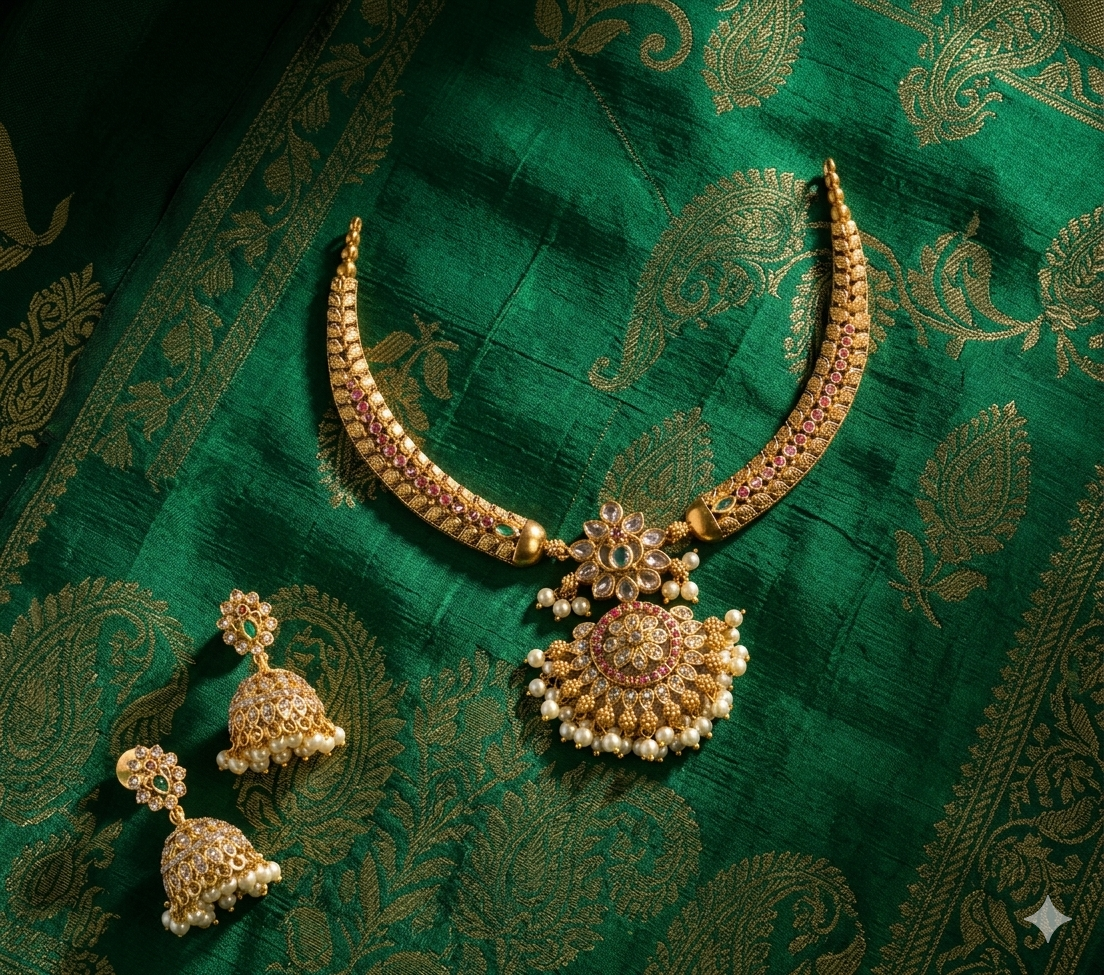 Traditional Gold-Plated Temple Style Choker Necklace & Jhumka Earrings Set